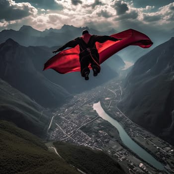 Wingsuit flyer photo realistic illustration - Generative AI. Man, wingsuit, mountain, sky.