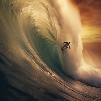 Surfer riding photo realistic illustration - Generative AI. Man, surfer, water, wave.