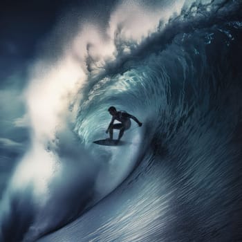 Surfer riding photo realistic illustration - Generative AI. Man, surfer, water, wave.