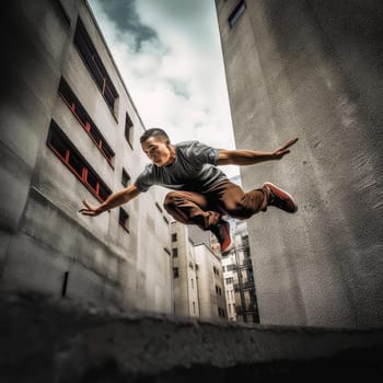 Parkour athlete photo realistic illustration - Generative AI. Man, parkour, jump, building.