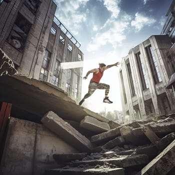 Parkour athlete photo realistic illustration - Generative AI. Man, parkour, jump, building.