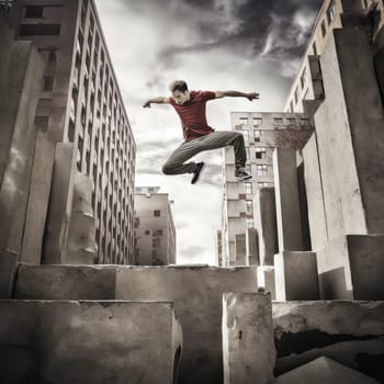 Parkour athlete photo realistic illustration - Generative AI. Man, parkour, jump, building.