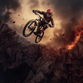 Mountain biker soaring photo realistic illustration - Generative AI. Man, biker, cliff, mountain, tree.