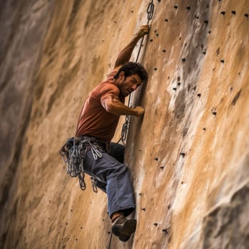 Free solo climber photo realistic illustration - Generative AI. Man, climber, rope, rock.