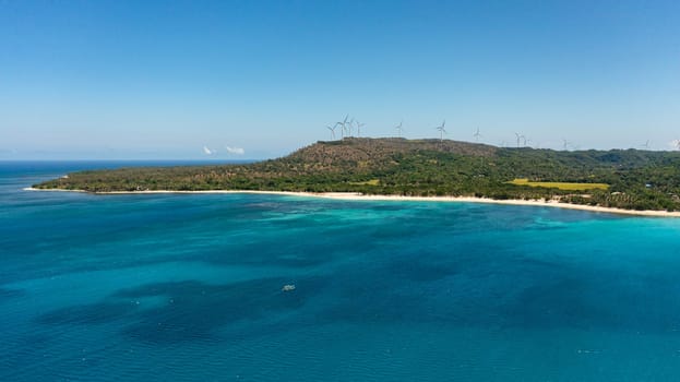 Aerial view of Tropical beach and windmills. Pagudpud, Ilocos Norte. Philippines.