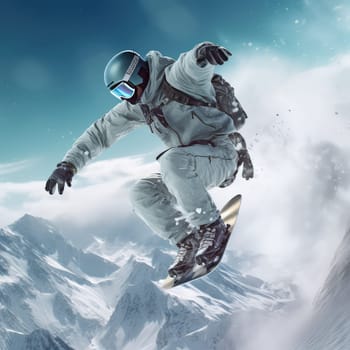Snowboarder jumping photo realistic illustration - Generative AI. Snow, snowboarder, man, jump, board.