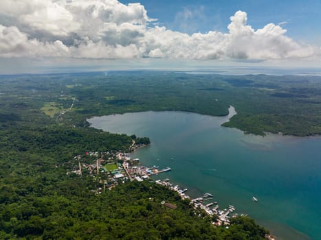 Aerial view of city and port on Balabac Island. House standing on the sea in the fishing village. Palawan, Philippines. Philippines.