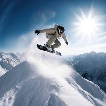 Snowboarder jumping photo realistic illustration - Generative AI. Snow, snowboarder, man, jump, board.