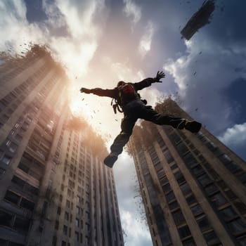 Jumper leaping photo realistic illustration - Generative AI. Jumper, man, sky, building.