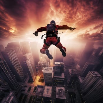 Jumper leaping photo realistic illustration - Generative AI. Jumper, man, sky, building.