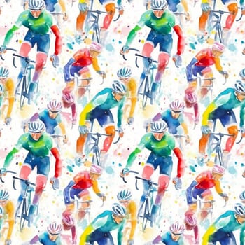 Watercolor illustration with splashes and streaks of paint: seamless pattern cyclists ride. AI