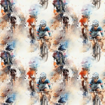 Watercolor illustration with splashes and streaks of paint: seamless pattern cyclists ride. AI