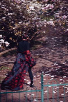 Back view Beautiful dramatic young woman wearing kimono raising her hands to hide her face with cherry blossoms, sakura view. High quality photo