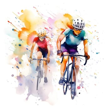 Watercolor illustration with a splashes and streaks of paint: cyclists ride. AI