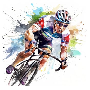Watercolor illustration with a splashes and streaks of paint: cyclists ride. AI