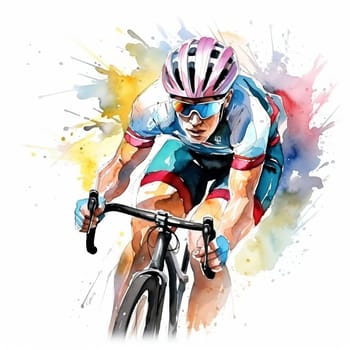 Watercolor illustration with a splashes and streaks of paint: cyclists ride. AI