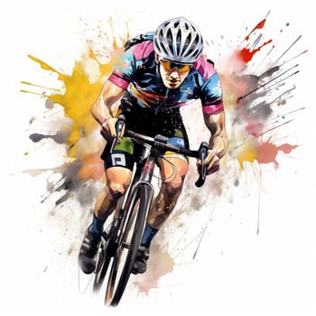 Watercolor illustration with a splashes and streaks of paint: cyclists ride. AI