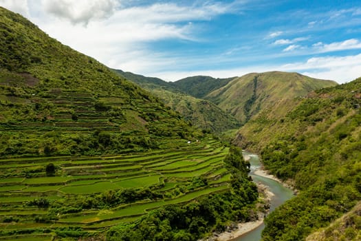 Aerial view of mountains and rice fields against the blue sky. Philippines, Luzon.