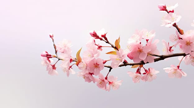 Cherry blossom photo realistic illustration - Generative AI. Pink, flowers, leaf, branch.