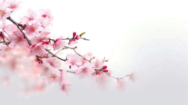 Cherry blossom photo realistic illustration - Generative AI. Pink, flowers, branch, leaf.