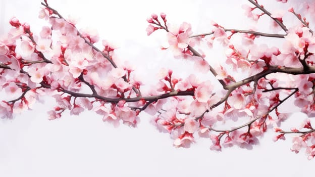 Cherry blossom photo realistic illustration - Generative AI. Pink, flowers, branch, leaf.