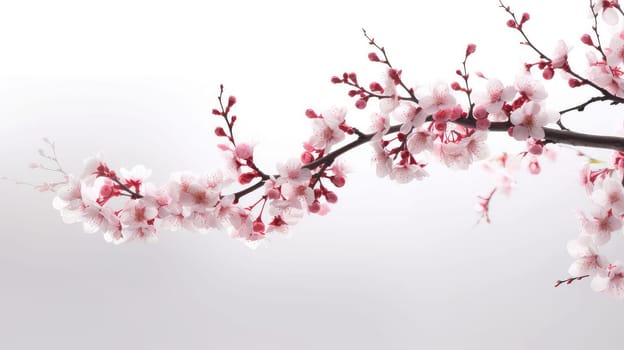 Cherry blossom photo realistic illustration - Generative AI. Pink, flowers, branch, leaf.