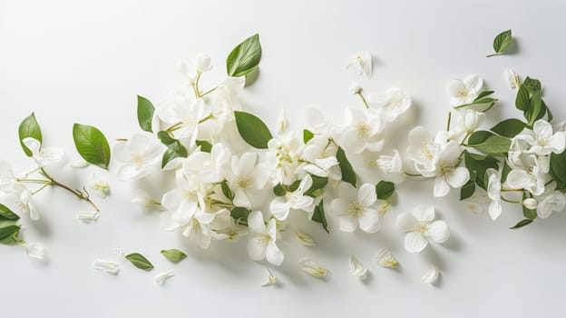 Jasmine blossom photo realistic illustration - Generative AI. White, flowers, jasmine, leaf.