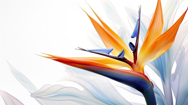 Exotic bird of paradise flowers watercolor illustration - Generative AI. Colorful, flower, petals, bird.