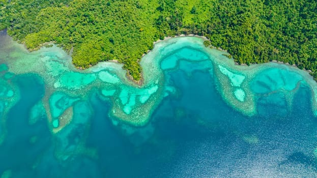 Aerial view of tropical lagoon with turquoise water and coastline with tropical vegetation. Borneo, Sabah, Malaysia.