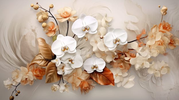 Majestic orchids photo realistic illustration - Generative AI. White, orchids, flower, leaves.