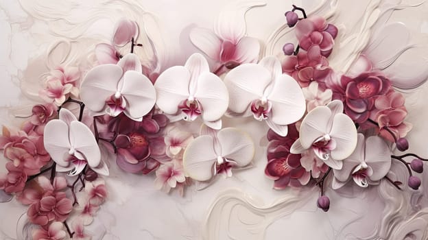 Majestic orchids photo realistic illustration - Generative AI. White, orchids, flower, leaves.