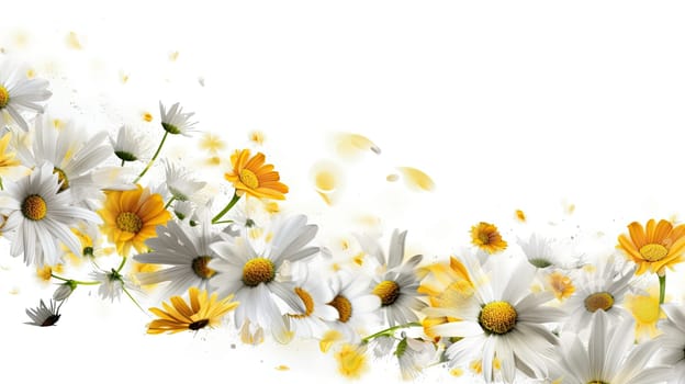 Playful daisies photo realistic illustration - Generative AI. Yellow, white, flower, daisies, leaves.