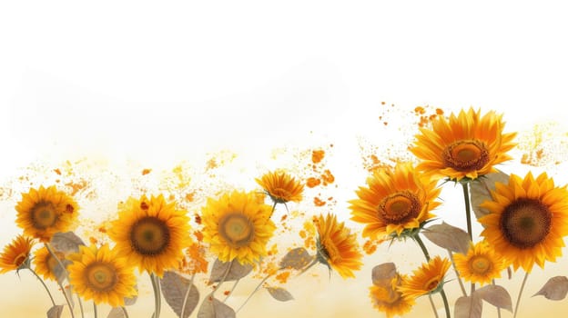 Radiant sunflowers photo realistic illustration - Generative AI. Yellow, flower, sunflowers, stem, leaves.