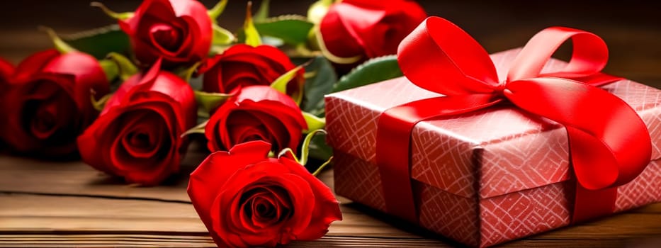 Mother's day, Valentine's day, birthday surprises, a gift box and a bag of red roses, banner made with Generative AI. High quality illustration