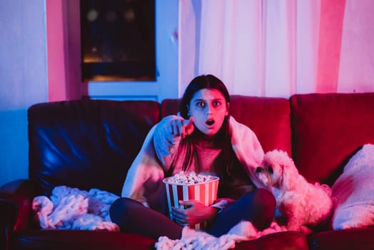Beautiful young girl at home in a dark room with a popcorn bucket playing with her dog and sits in front of a monitor or TV watching movie. High quality photo