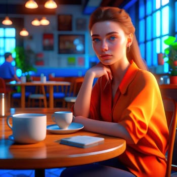 Girl in a cafe. Image created by AI