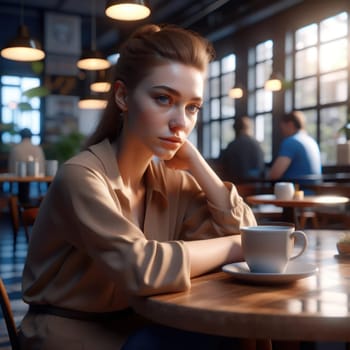 Girl in a cafe. Image created by AI