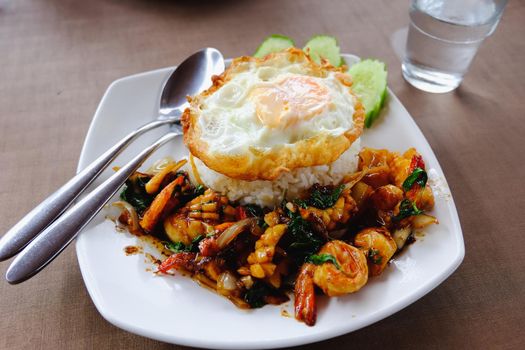 Thai spicy food basil shrimp fried rice recipe (Krapao Goong)
