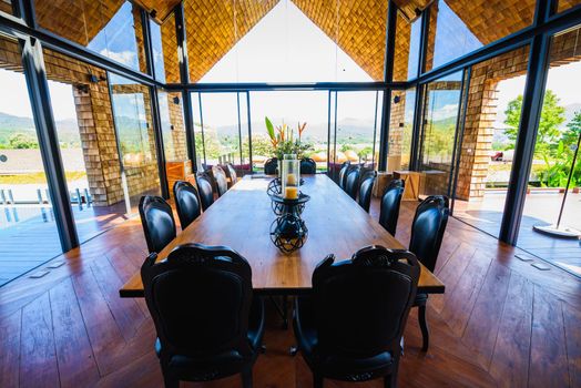 classic dining room wood table at resort