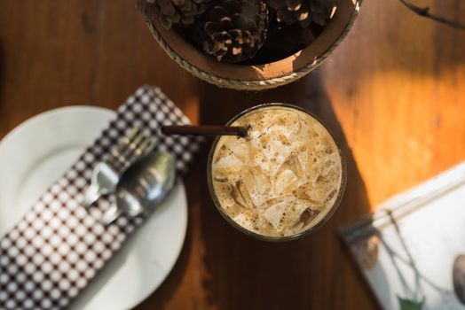 Close up coffee on wood table