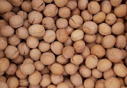 Top view of walnuts in nutshells in full screen.Background