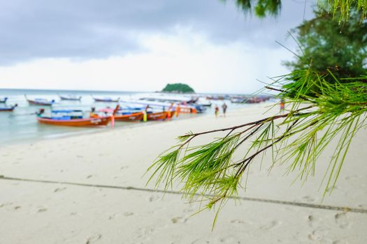 Tropical beach, longtail boats, Andaman Sea, Thailand