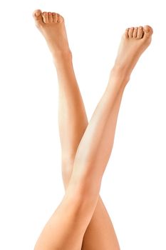 Beautiful female legs and on white background isolation