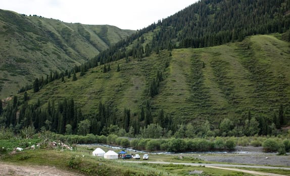 Kazakh yurts for living near the mountains in summer.