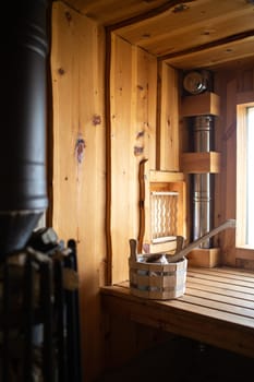 wooden tub in the bath on the shelf.