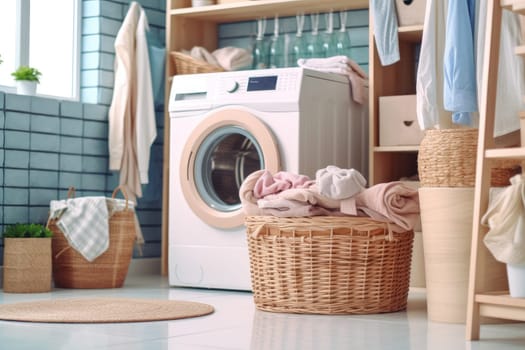 Washing machine in room interior, natural light from the window, laundry basket, AI Generated. High quality illustration