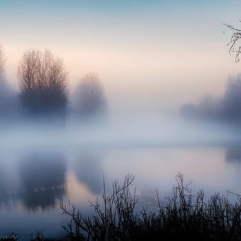 Fog over the river. Image created by AI