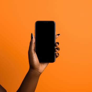 Hand holding smartphone with blank screen, mockup design on orange background, AI Generated
