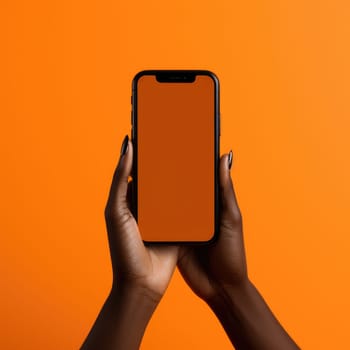 Hand holding smartphone with blank screen, mockup design on orange background, AI Generated