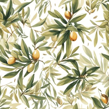 Olives seamless pattern color sketch style hand-drawn background, olive branches with leaves on white background. Italian food. ai